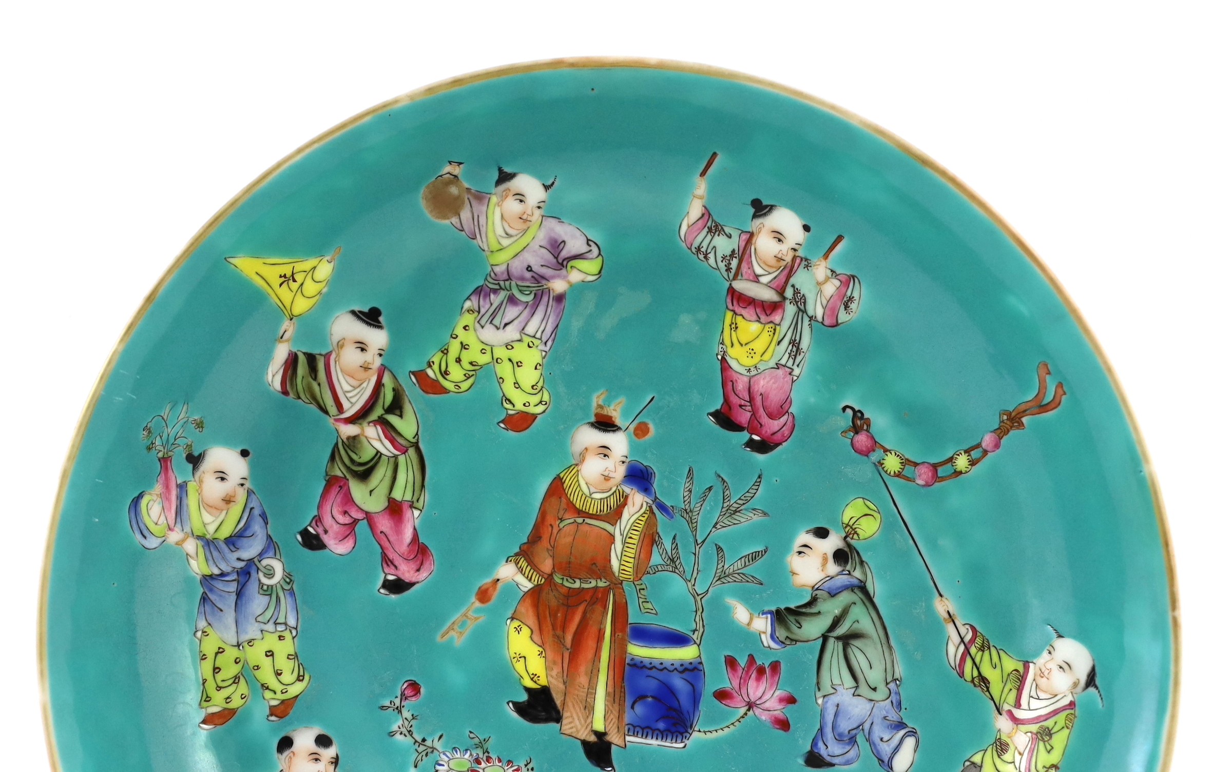 A Chinese turquoise ground 'Boys' dish, Jiaqing seal mark but Republic period, 23.5cm diameter, two hairline cracks